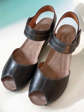 NEW TAOS Leather Peep-Toe Slingback Wedge Sandals Dark Slate Gray Size 37